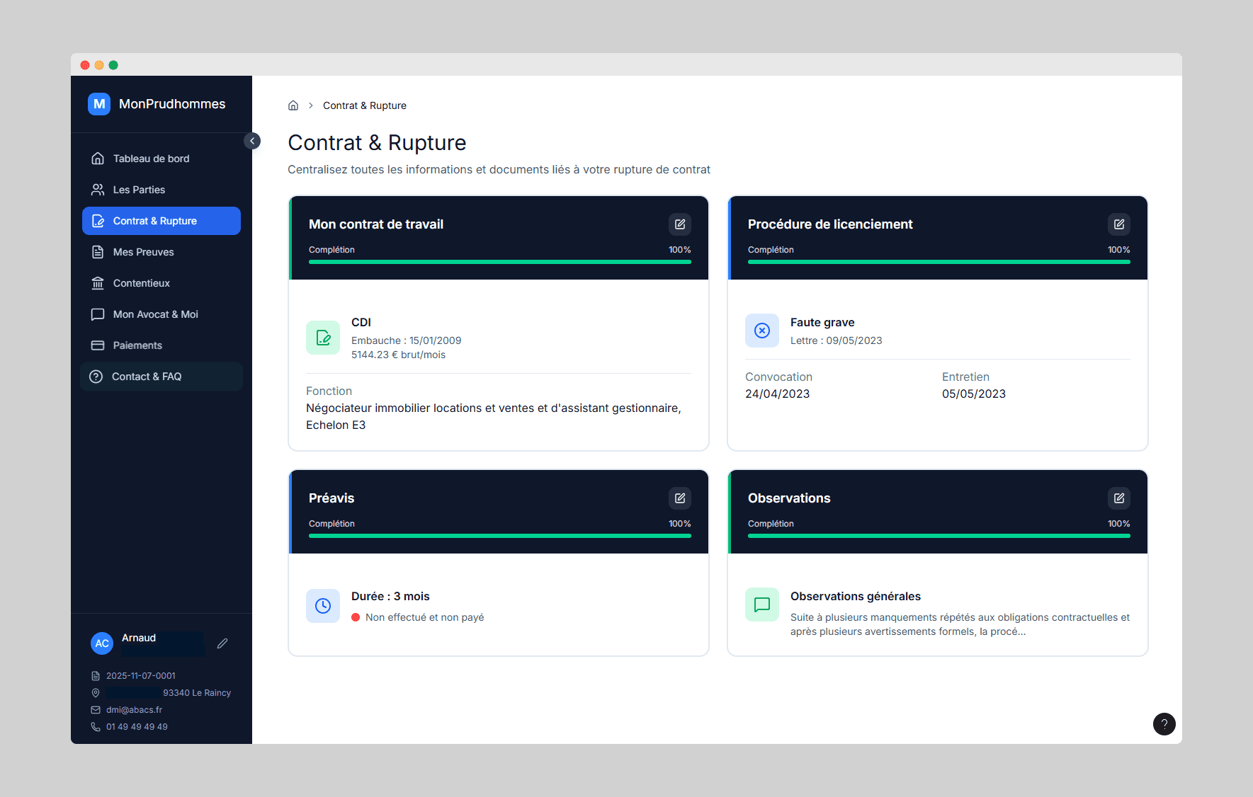 Contrat et rupture - Informations sur le contrat de travail et la rupture