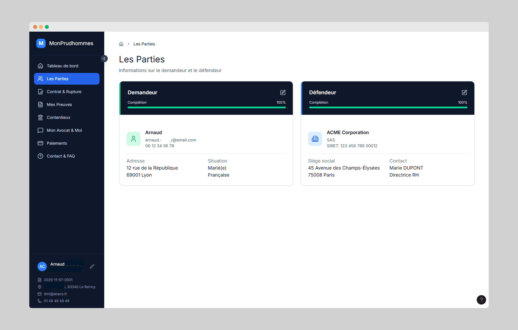 Les Parties - Informations sur les parties au litige